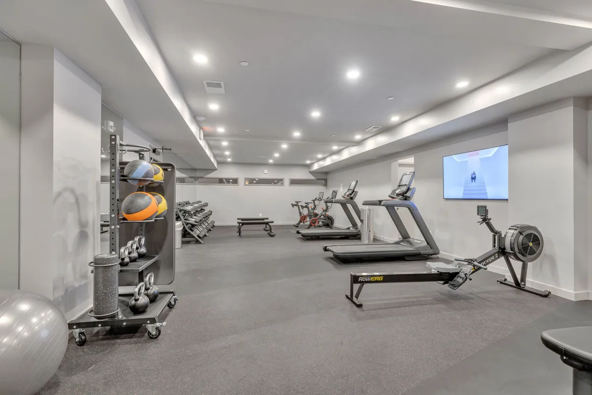 A modern, well-equipped fitness center filled with treadmills, exercise bikes, a rowing machine, free weights, and medicine balls. The space is flooded with natural light and designed for energetic, motivating workouts, with options for group fitness or solo training.
